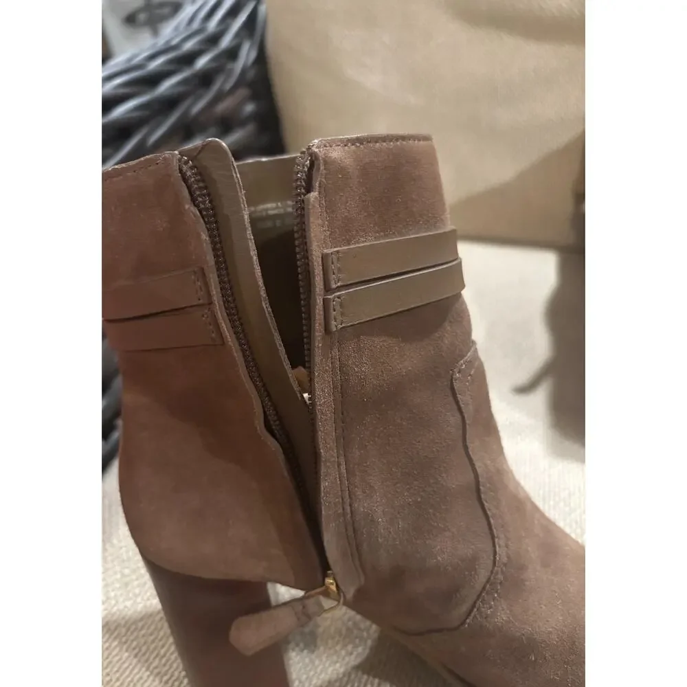 Tory Burch Suede Turnlock Ankle Boots Booties Tan Camel Double T Logo Sz 8.5